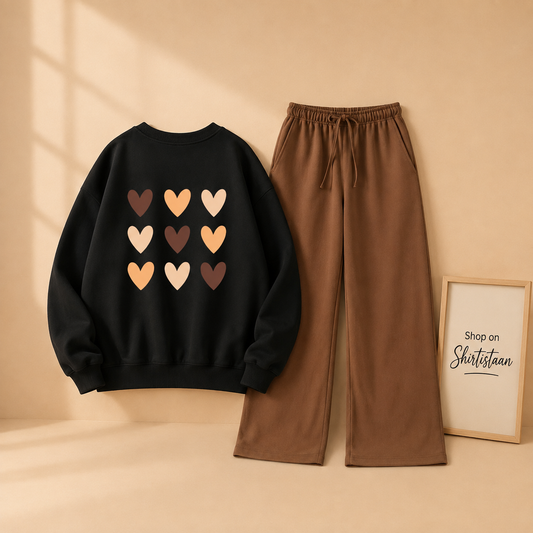 BROWN HEARTS BLACK SWEATSHIRT WITH BROWN FLAPPER