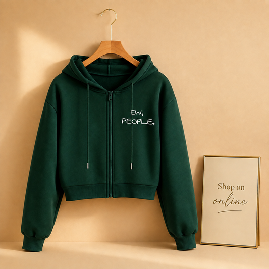 BOTTLE GREEN CROP ZIPPER HOOD EW PEOPLE ON POCKET