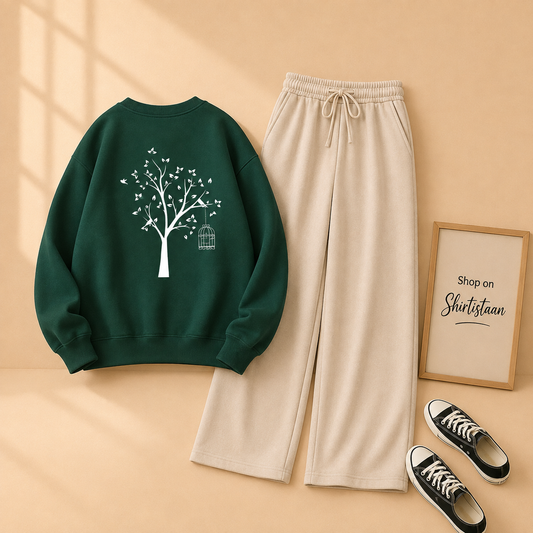 NEW TREE BOTTLE GREEN SWEATSHIRT WITH BEIGE FLAPPER