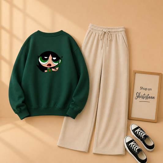 GREEN BUTTERCUP BOTTLE GREEN SWEATSHIRT WITH BEIGE FLAPPER