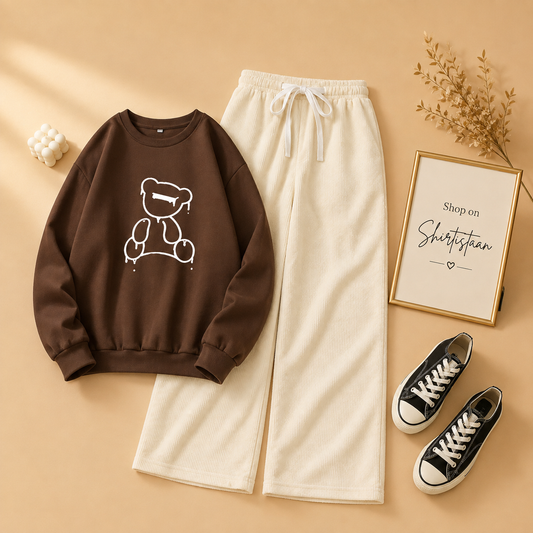 NEW BEAR BROWN SWEATSHIRT WITH BEIGE FLAPPER