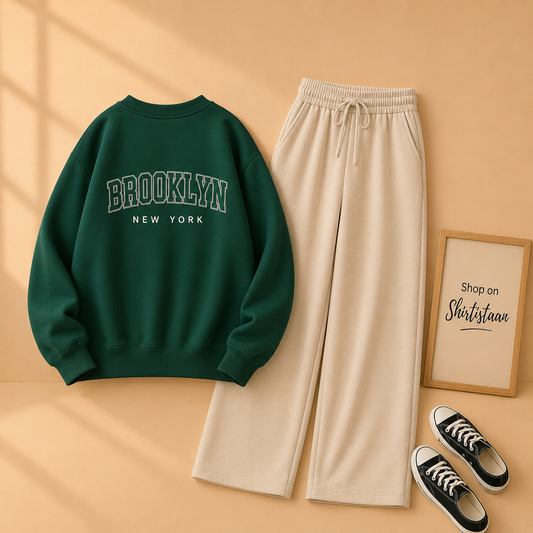 BROOKYLN BOTTLE GREEN SWEATSHIRT WITH BEIGE FLAPPER