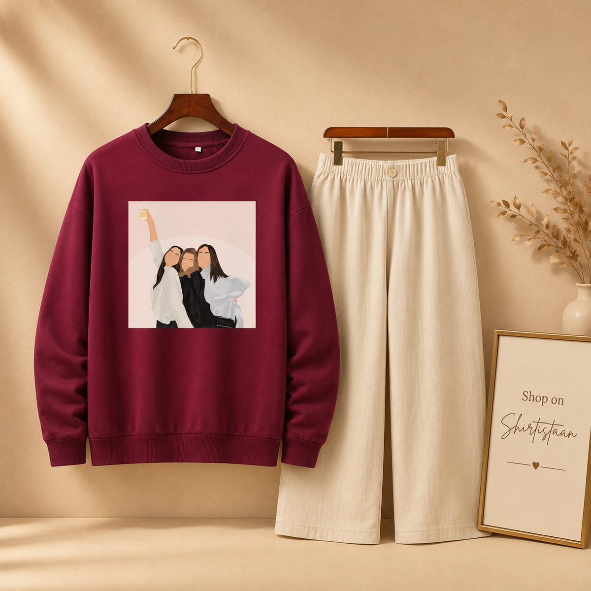 THREE GIRLS MAROON SWEATSHIRT WITH BEIGE FLAPPER