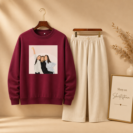 THREE GIRLS MAROON SWEATSHIRT WITH BEIGE FLAPPER