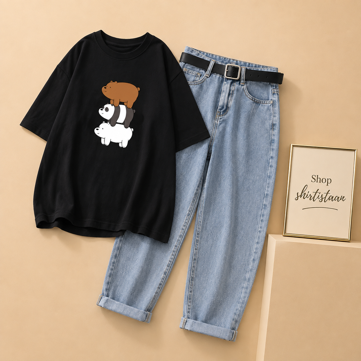 BLACK BEAR ON BEAR TSHIRT WITH ICE BLUE MOM JEANS
