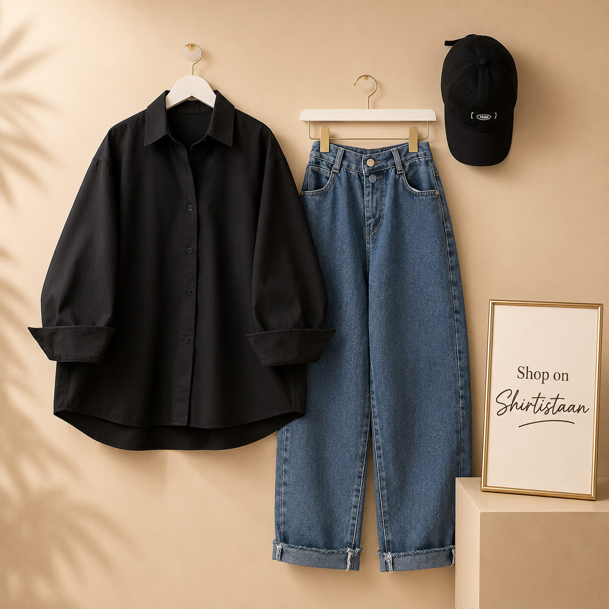 BLACK BUTTON SHIRT WITH SKY BLUE WIDE LEG JEANS COMBO