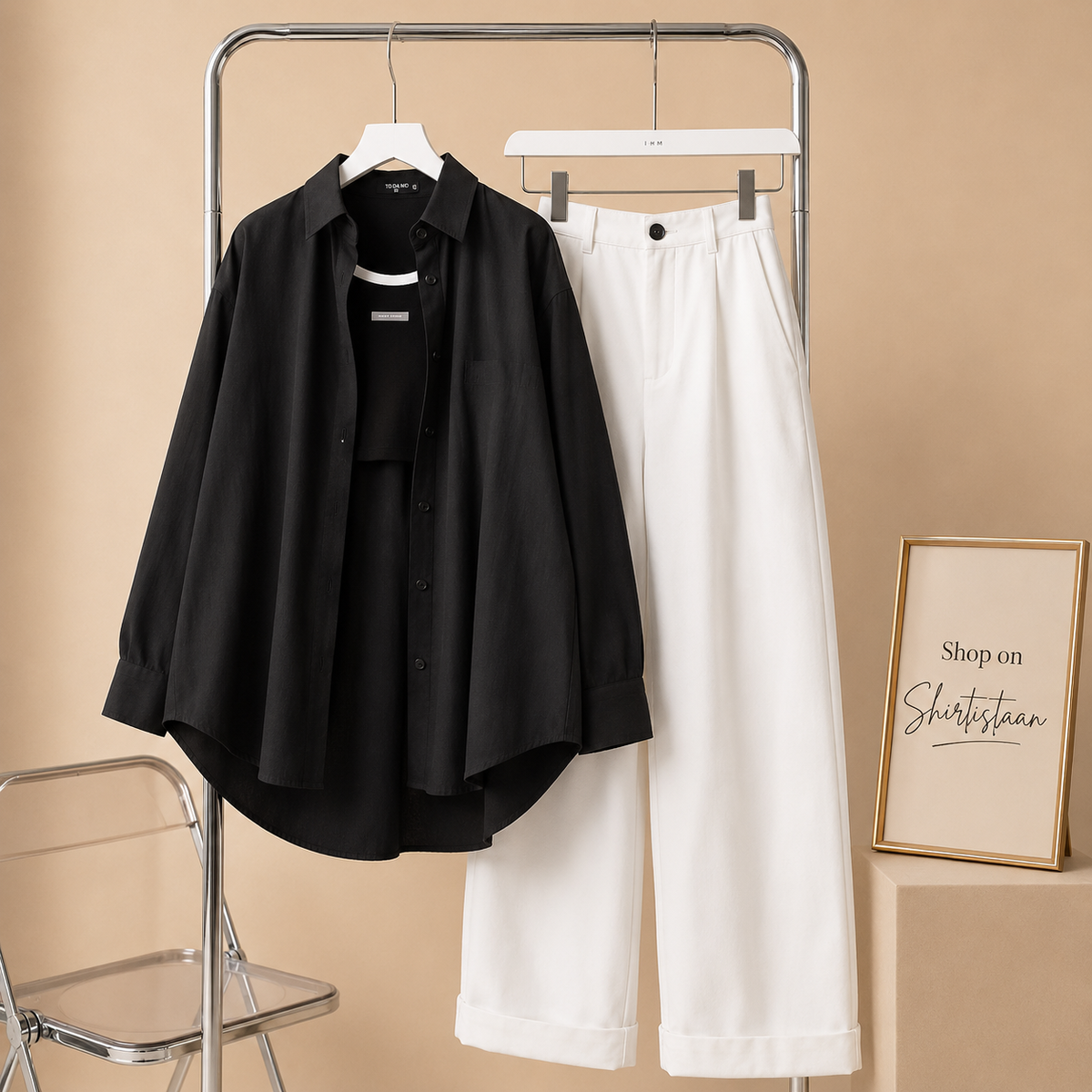 BLACK BUTTON SHIRT WITH WHITE WIDE LEG JEANS COMBO