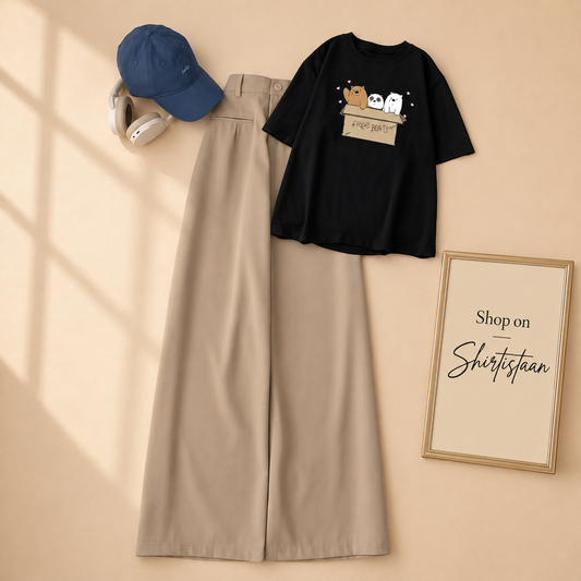 BLACK FREE BEAR TEE WITH BEIGE WIDE LEG JEANS
