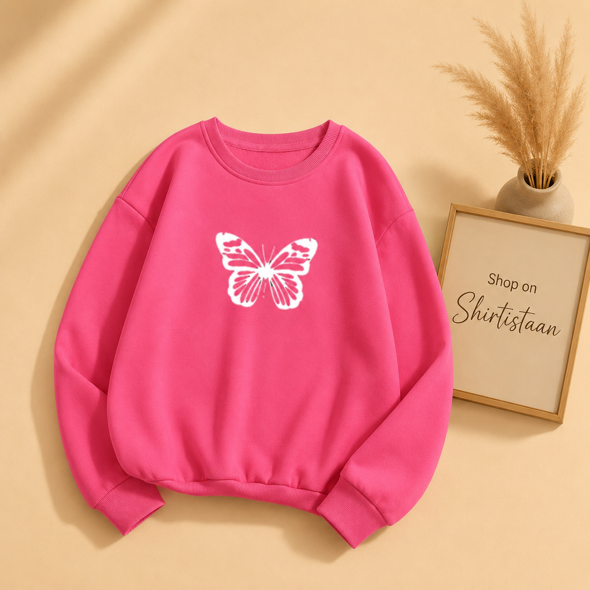 WHITE BIG BUTTERFLY ON HOT  PINK SWEATSHIRT