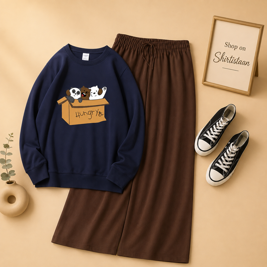 HUNGRY BEAR NAVY BLUE SWEATSHIRT WITH BROWN FLAPPER