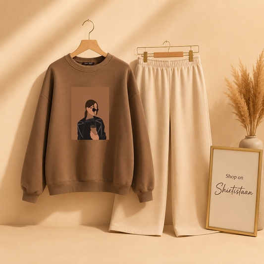 COFEE GIRL BROWN SWEATSHIRT WITH BEIGE FLAPPER