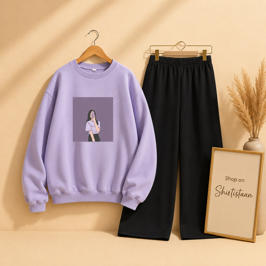 PUPRLE BACKGROUND WITH LILAC SWEATSHIRT WITH FLAPPER