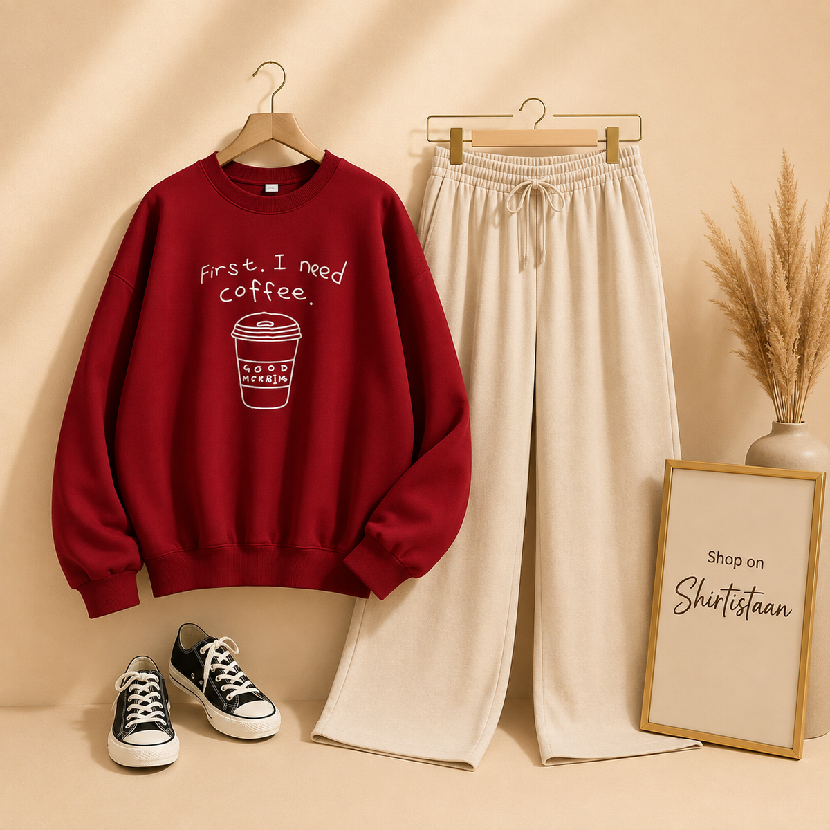 RED SWEATSHIRT FIRST I NEED COFEE WITH BEIGE FLAPPER