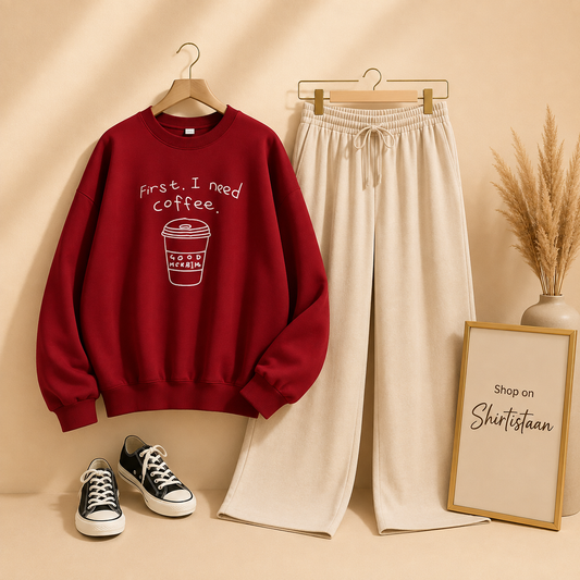 RED SWEATSHIRT FIRST I NEED COFEE WITH BEIGE FLAPPER