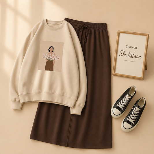 FLOWER GIRL ON  BEIGE SWEATSHIRT WITH BROWN FLAPPER