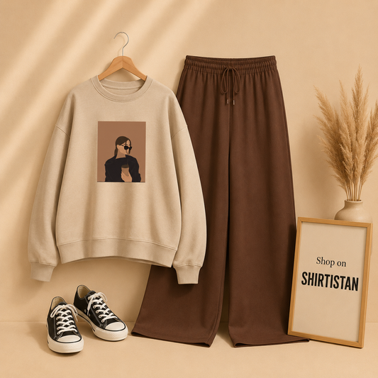 COFEE GIRL BEIGE SWEATSHIRT WITH BROWN FLAPPER