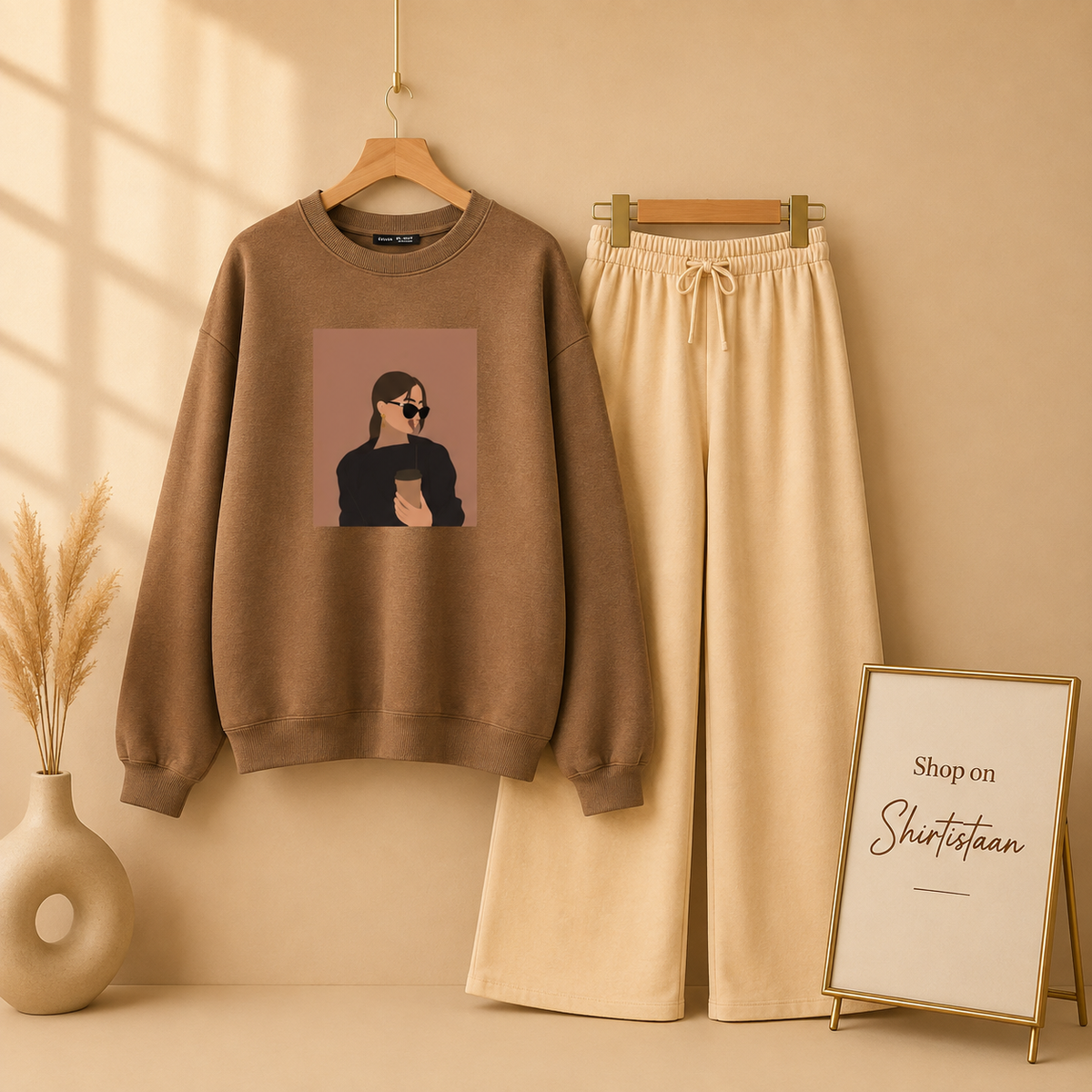 COFEE GIRL BROWN SWEATSHIRT WITH BEIGE FLAPPER