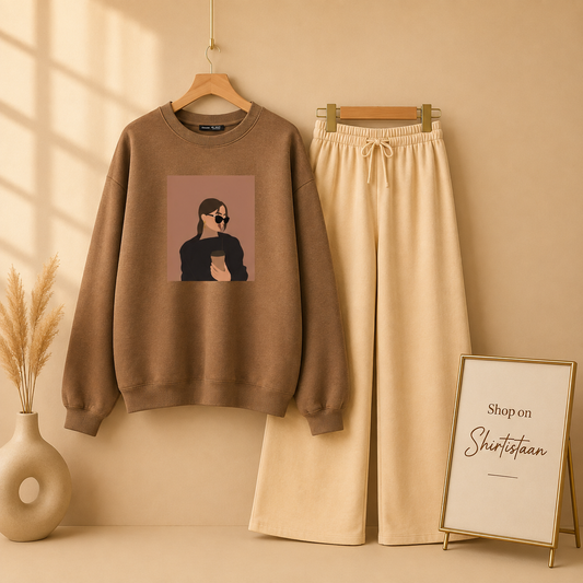 COFEE GIRL BROWN SWEATSHIRT WITH BEIGE FLAPPER