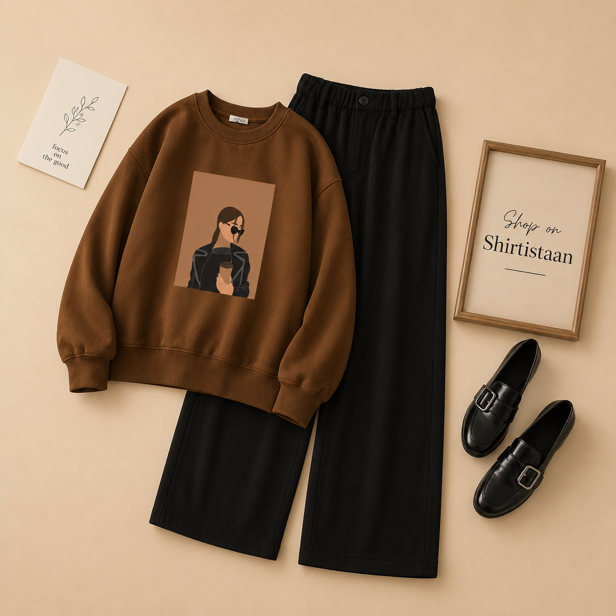 COFEE GIRL BROWN SWEATSHIRT WITH BLACK FLAPPER  TROUSER
