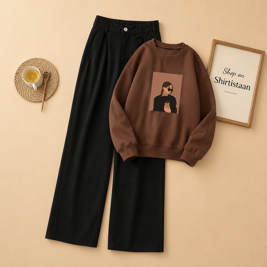 COFFE GIRL BROWN SWEATSHIRT WITH BLACK WIDE LEG