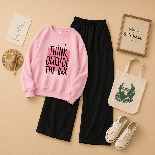 PINK SWEATSHIRT THINK OUTSIDE WITH FLAPPER