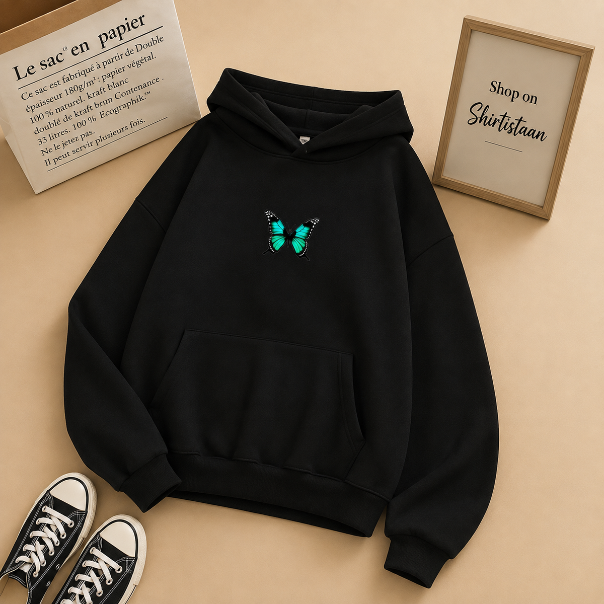 BLUE BUTTERFLY BLACK HOODIE
