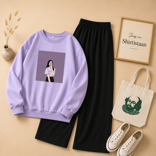 LILAC SWEATSHIRT PURPLE BACKGROUND GIRL WITH FLAPPER TROUSER