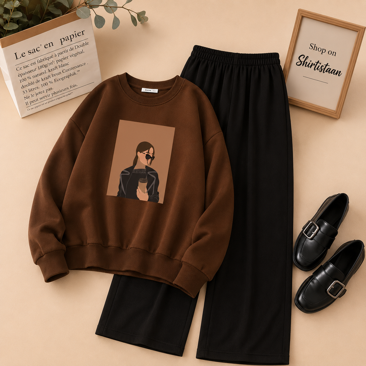 BROWN SWEATSHIRT COFEE GIRL WITH FLAPPER TROUSER