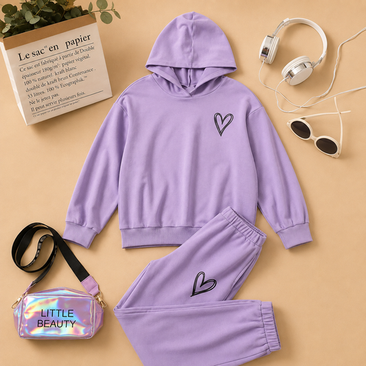 LILAC HOODIE WITH POCKET SHREDED HEART AND LILAC TROUSER WITH SHREDED TROUSER