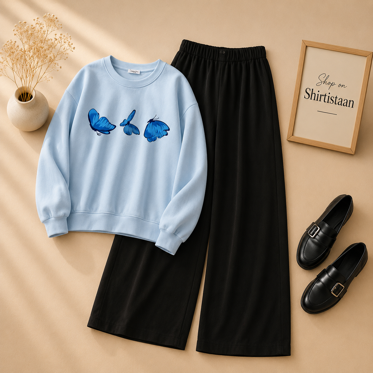 SKY BLUE SWEATHSIRT BLUE BUTTERFLIES WITH FLAPPER TROUSER
