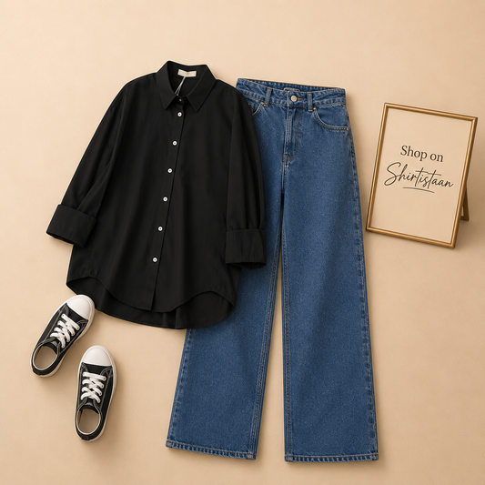 BLACK BUTTON DOWN SHIRT WITH MID BLUE WIDE LEG JEANS