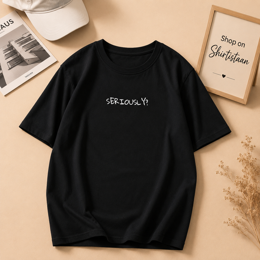 BLACK TEE SERIOUSLY ON CENTER