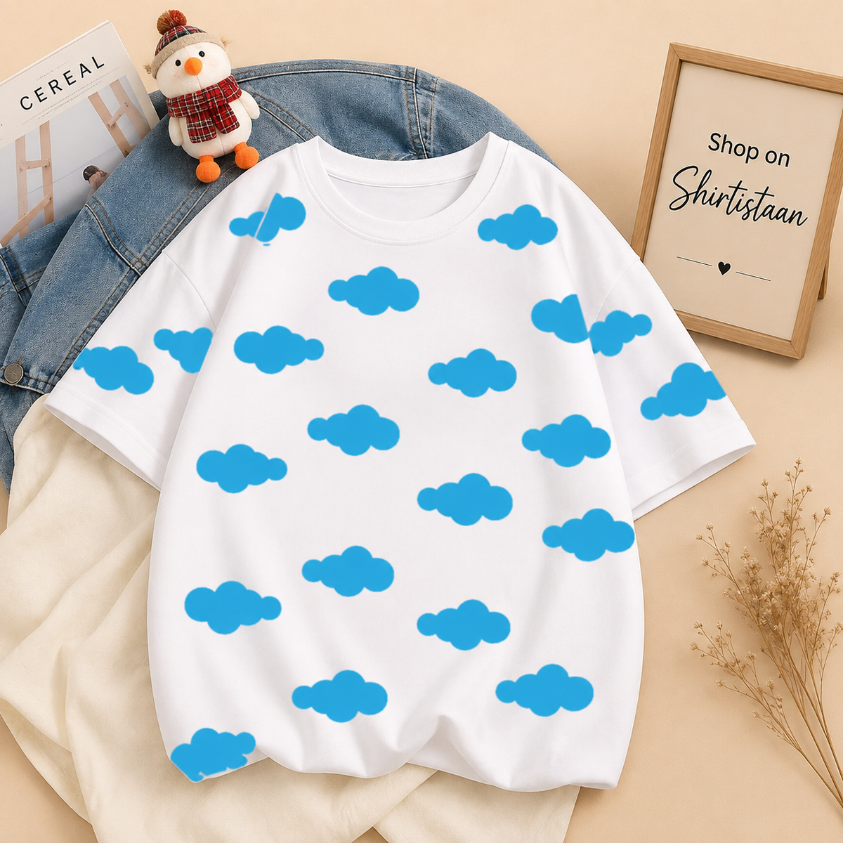 BLUE CLOUDS ON WHITE TEE