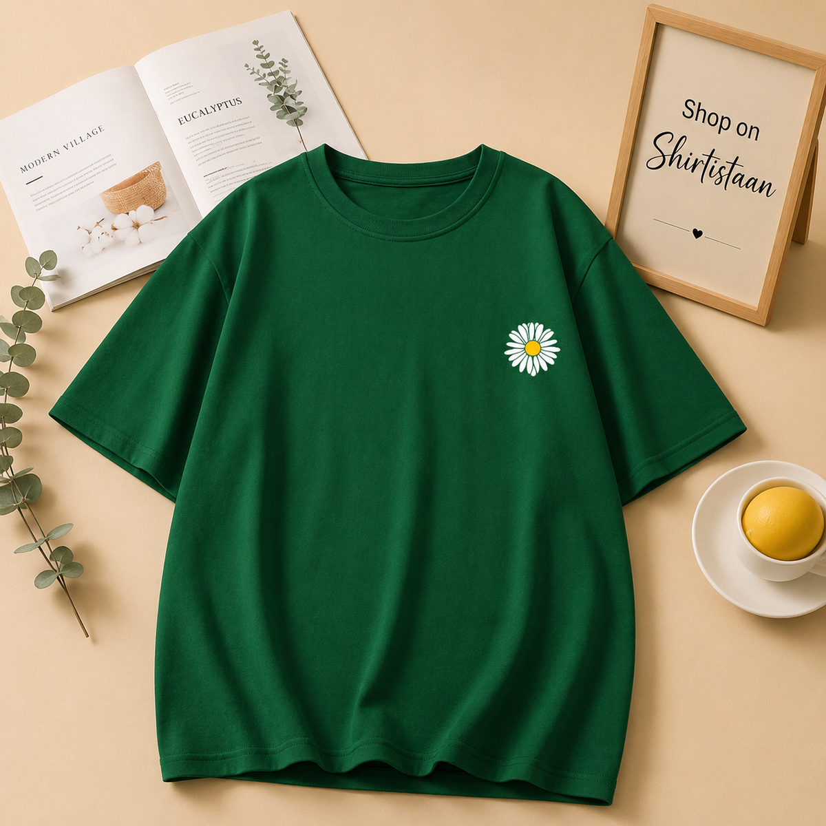BOTTLE GREEN TEE SUNFLOWER POCKET