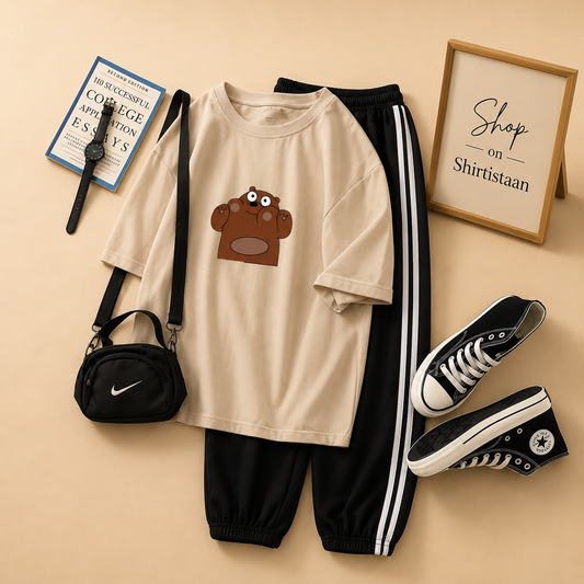 CREAM TSHIRT WITH BROWN BEAR WITH 3 STRIPE TROUSER