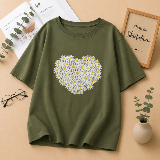 DAISY HEART OLIVE GREEN TSHIRT