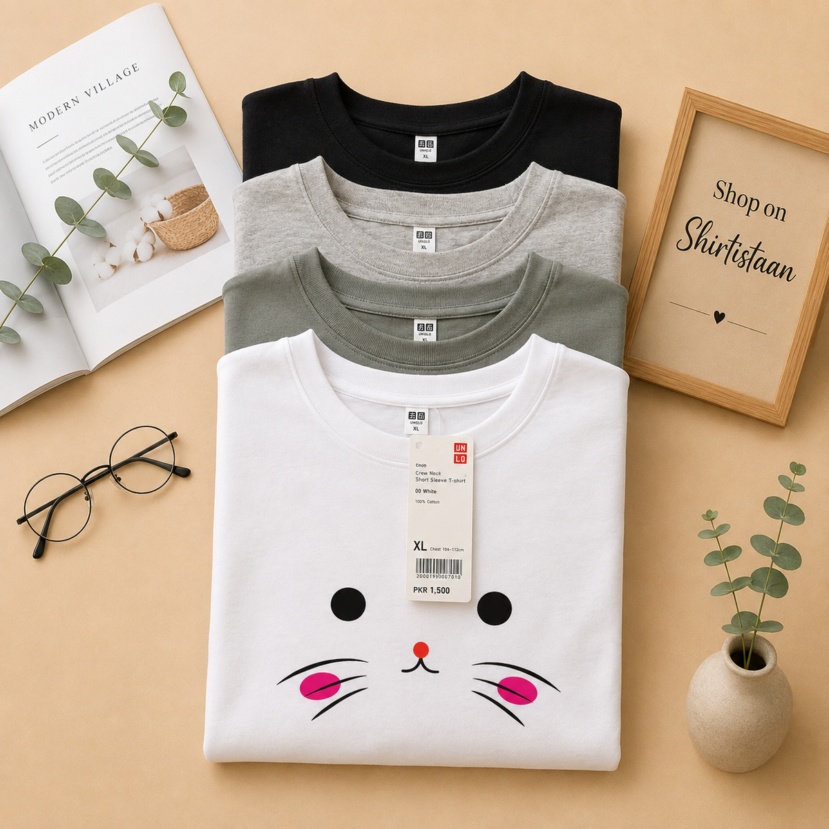 PACK OF 4 CUTE CAT TSHIRT (WHITE, STEEL GREY, GREY AND BLACK)