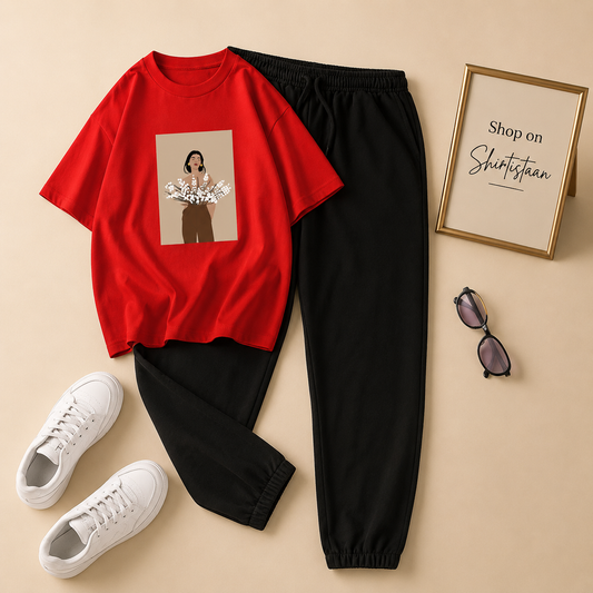 FLOWER GIRL RED TEE WITH BLACK TROUSER