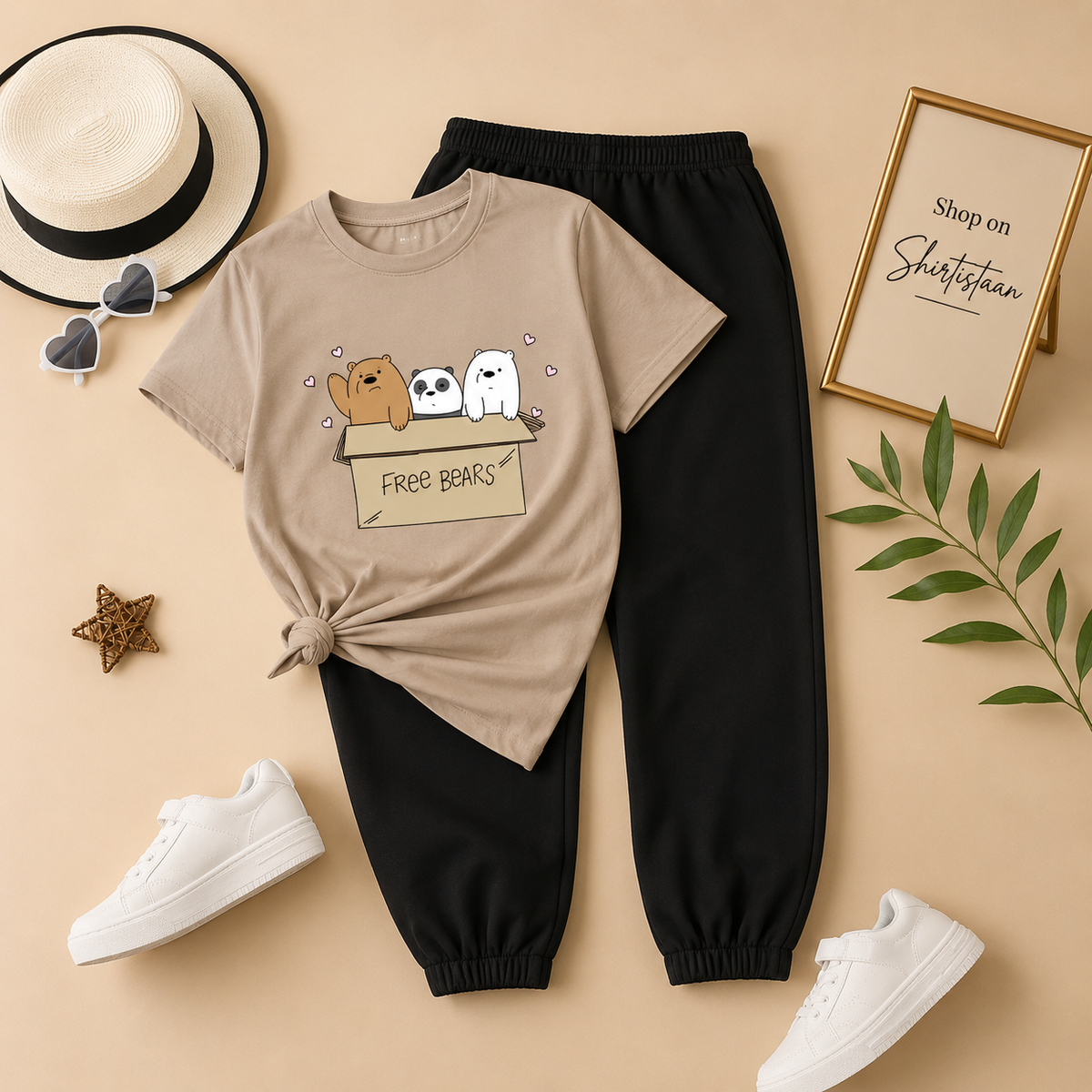 FREE BEAR CREAM TEE WITH BLACK TROUSER
