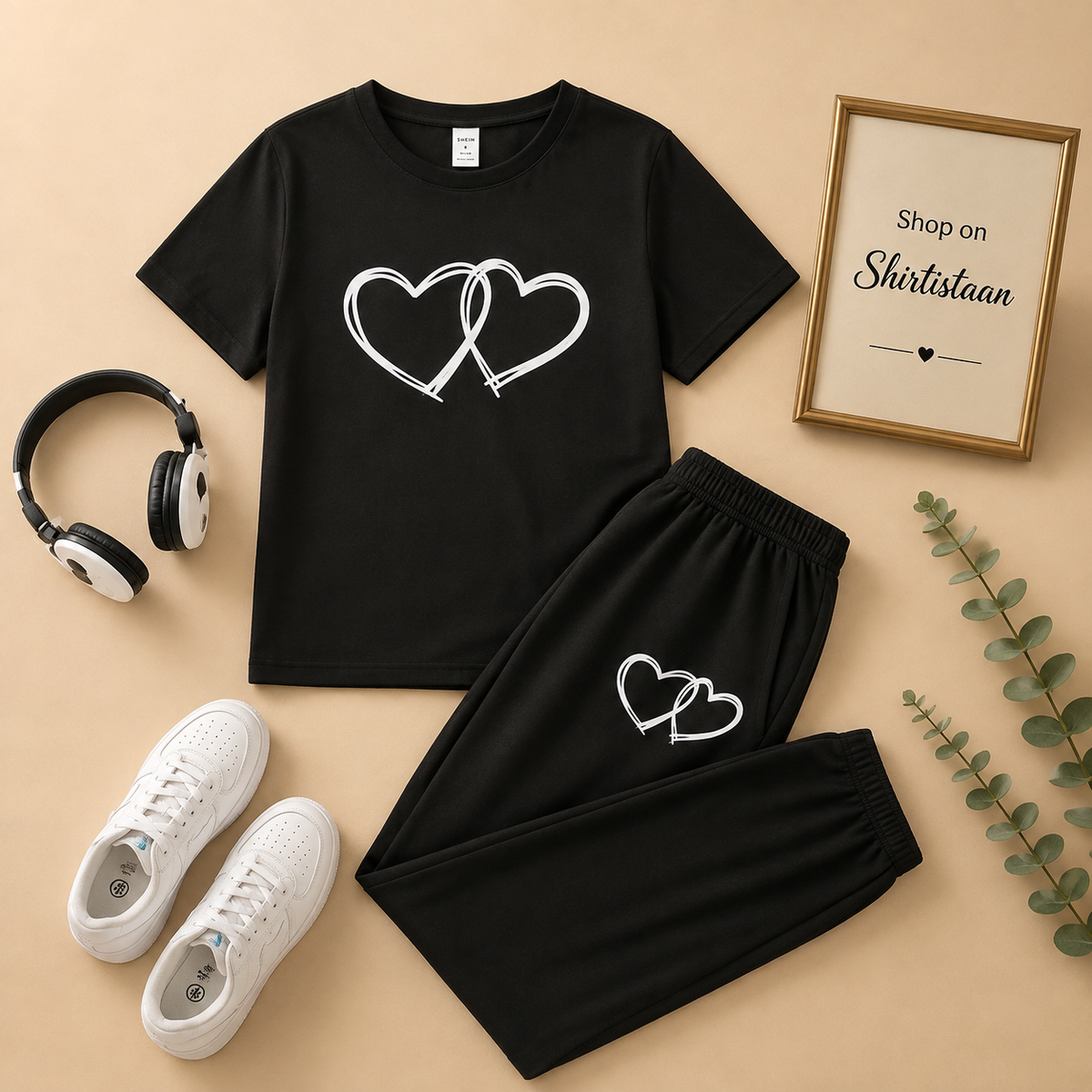 HEART CONNECTION BLACK TEE WITH BLACK TROUSER