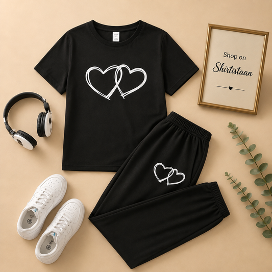 HEART CONNECTION BLACK TEE WITH BLACK TROUSER