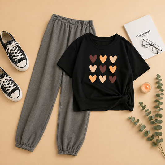 HEART SHEET BLACK TEE WITH CHARCOAL TROUSER PLAIN