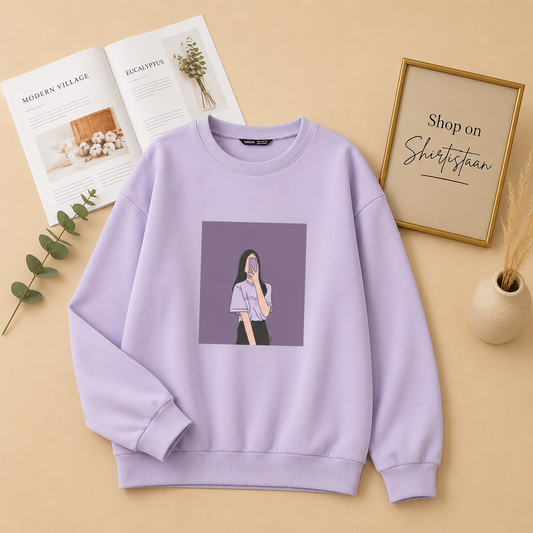 LILAC SWEATSHIRT PURPLE BACKGROUND GIRL