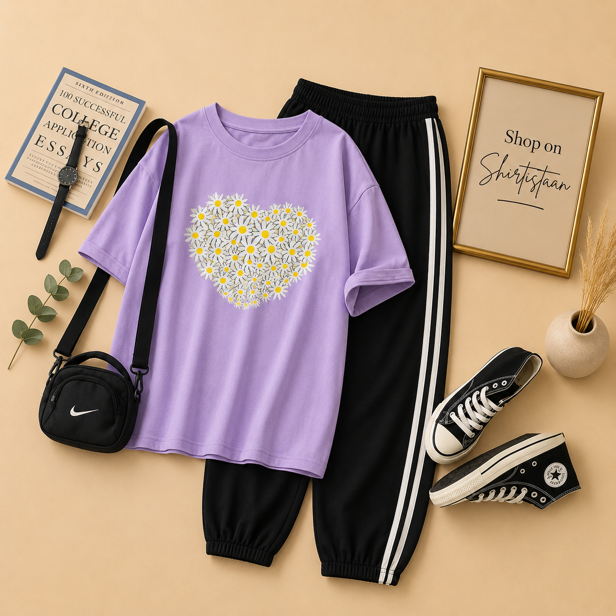 LILAC TSHIRT DAISY HEART WITH STRIPE TROUSER
