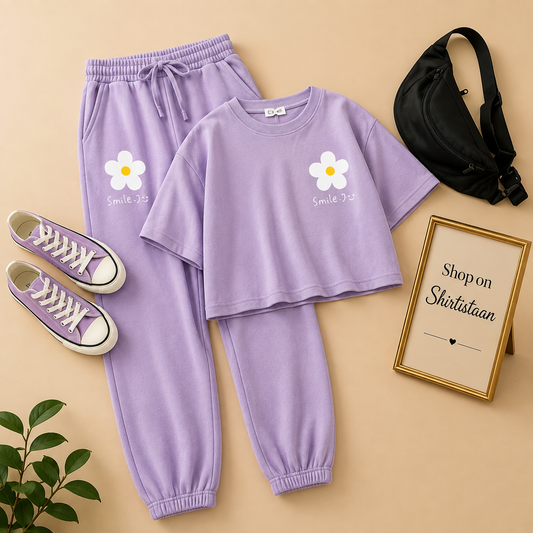 LILAC TSHIRT POCKET SUNFLOWER SMILE TRACKSUIT