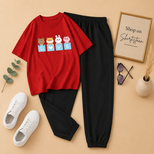 LOVE CARTOON RED TEE WITH BLACK TROUSER