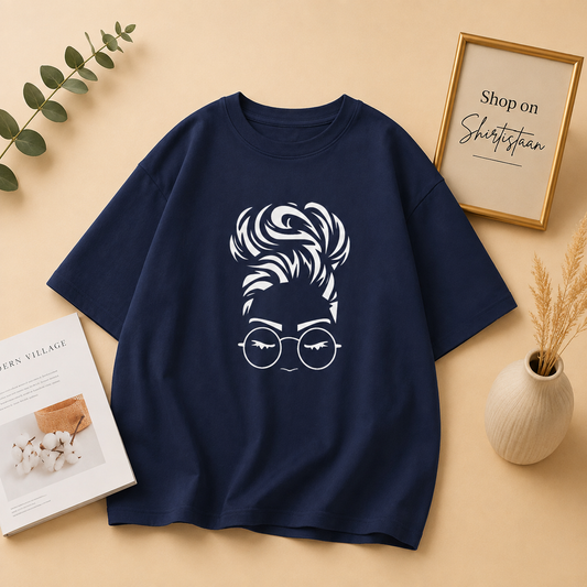 NAVY BLUE TEE HAIRY BUN GIRL