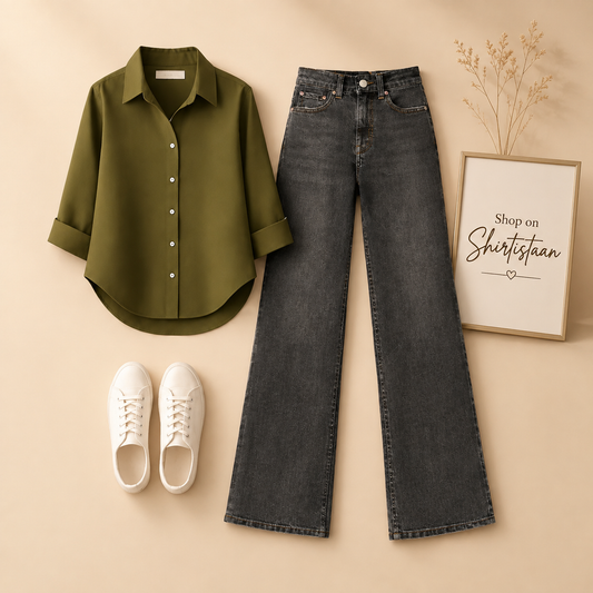 Olive Green Button Down Shirt with Malaysia Black Wide Leg Jeans