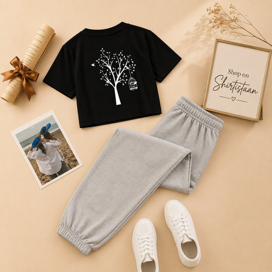 NEW TREE BLACK TEE WITH NEW TREE GREY TROUSER