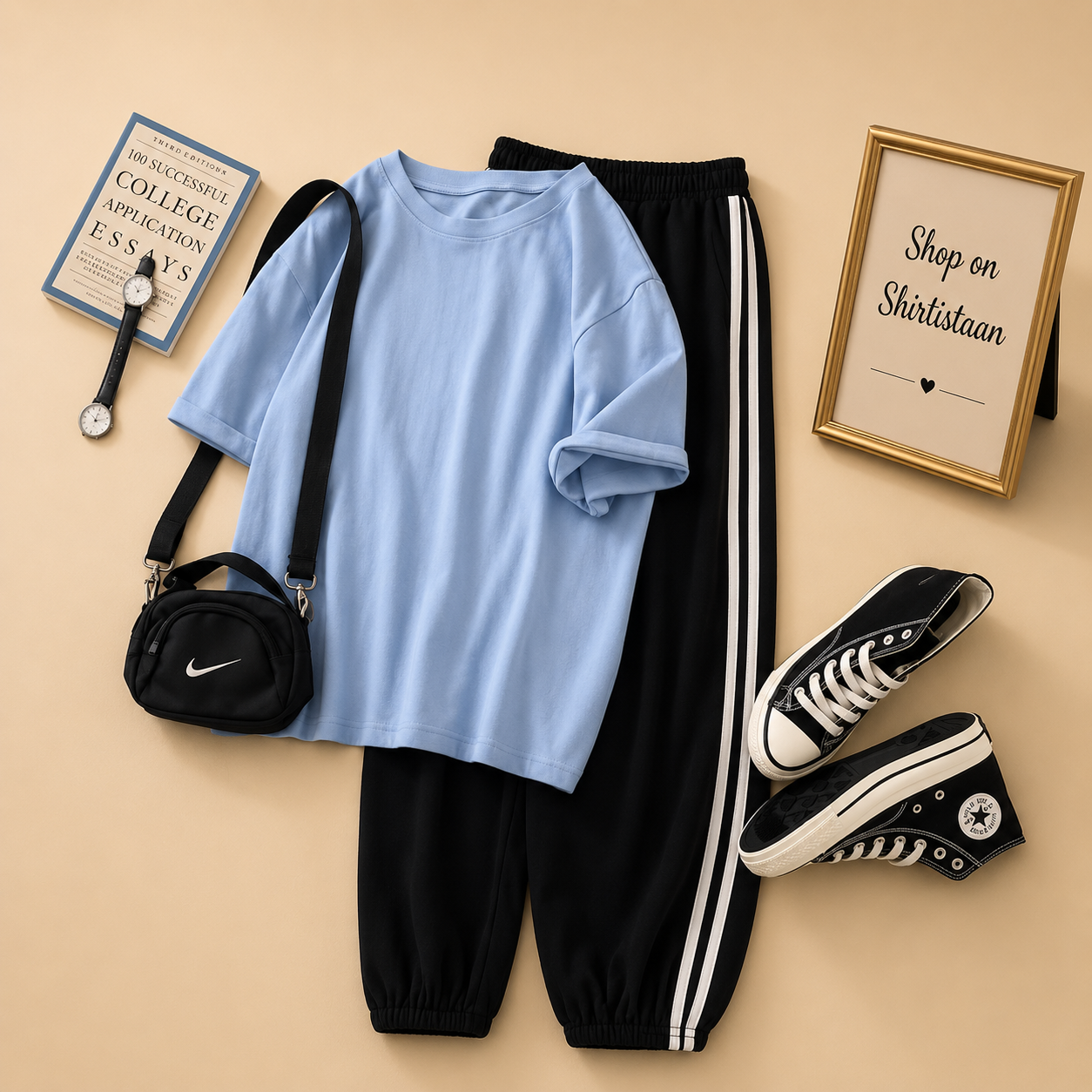 PLAIN SKY BLUE TSHIRT WITH STRIPE TROUSER